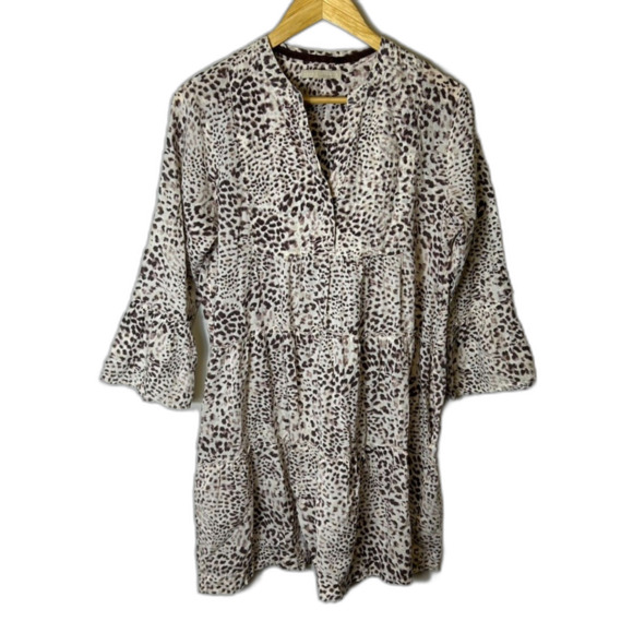 Lola Australia Ivory Brown Leopard Print V-Neck 3/4 Sleeve Tiered Dress Size M - Picture 3 of 12